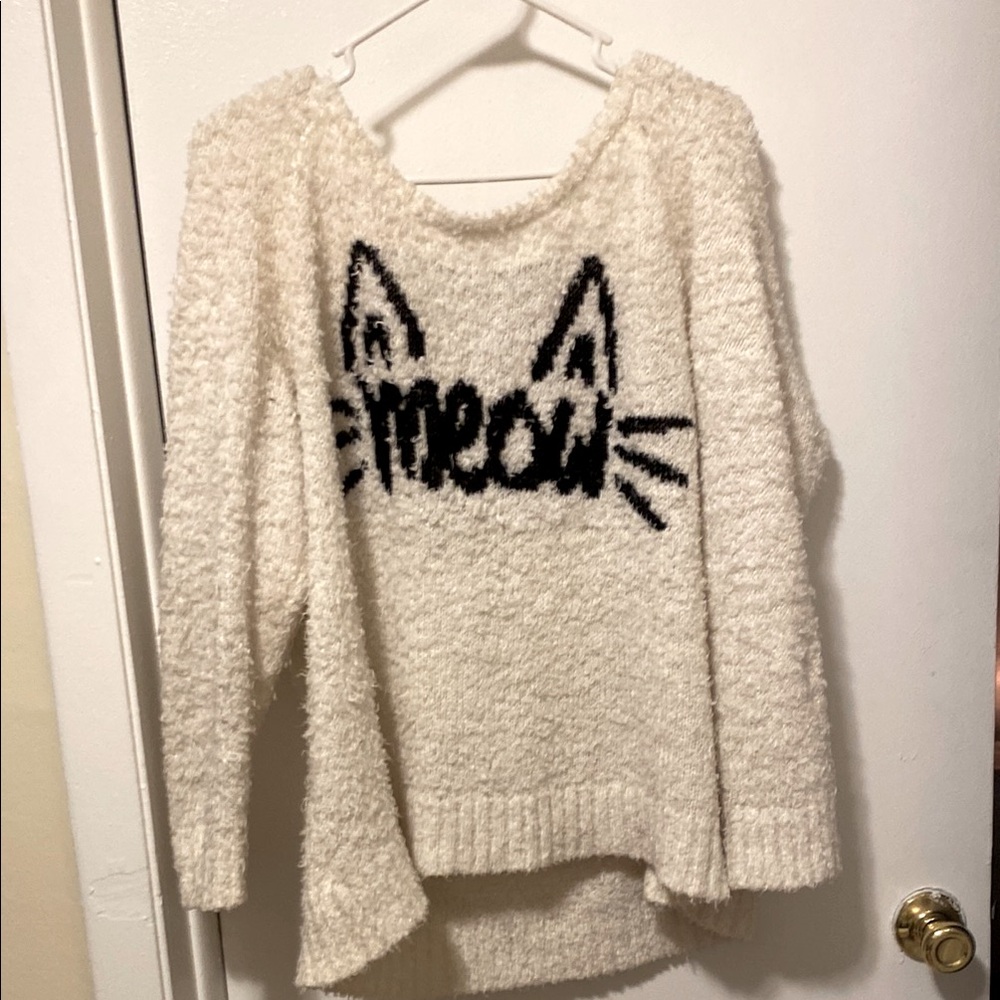 Torrid White and Black Crew Neck Sweater with Cat Design